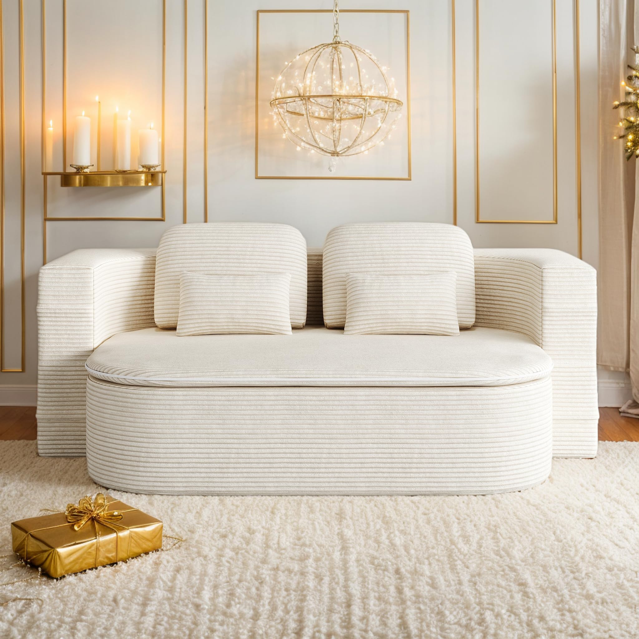 KavlSean 75'' Corduroy Foldable Full Size Boneless Couch Bed, 2-in-1 Convertible Sleeper Compression Loveseat Sofa with Pillow, No Assembly, Memory