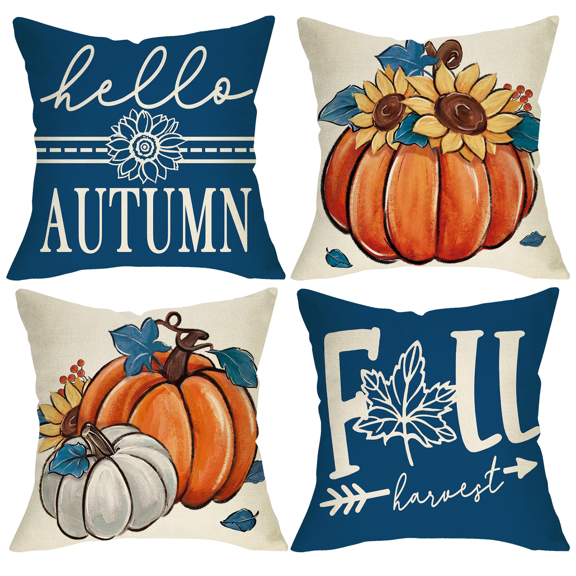 Hello Autumn Pumpkin Decorative Throw Pillow Covers 18 x 18 Set of 4, Fall Harvest Navy Blue Porch Outdoor Home Decor, Sunflower Maple Leaves Seasonal Couch Cushion Case