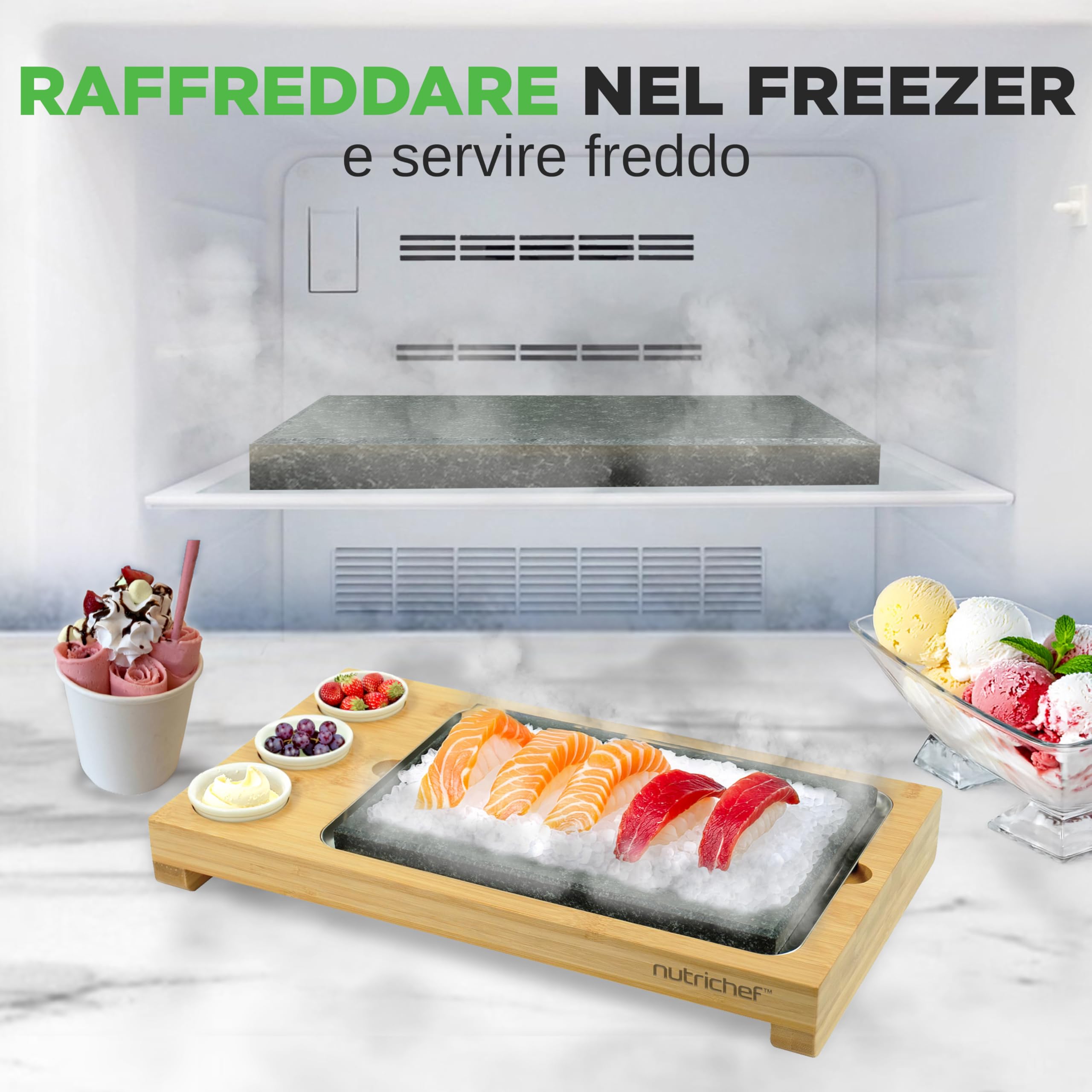 NutriChef Pietra Lavica per Carne, Barbecue da Tavolo con Pietra Granito, Vassoio Acciaio Inox, Piatto Bambù e Ciotole Ceramica, Griglia Carne, Verdura e Pesce
