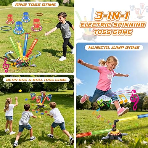 Miniatura 2 de VATOS Juego 3 en 1 de Sacos de Frijoles y Lanzamiento de Anillos, Salto Musical para Niños, Base Giratoria Eléctrica con Control Remoto, Luces, 12