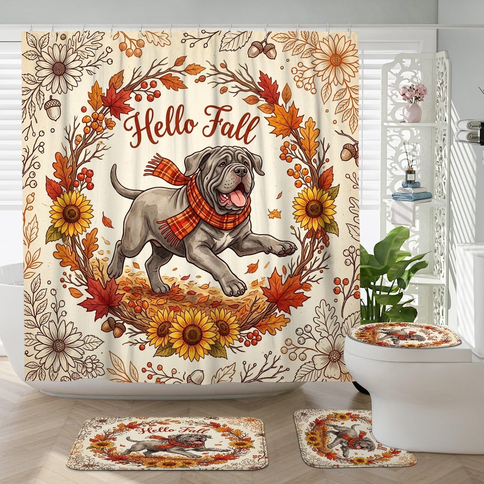 Rideau de douche 183x183 cm et ensemble de tapis de bain motif chien