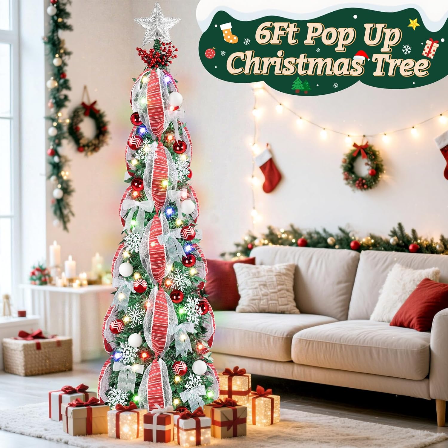 6Ft Prelit Pop Up Christmas Tree with Lights, Collapsible Artificial Christmas Tree Decorations, Foldable Pre Decorated with Ribbon, Bows, Balls, Indoor Outdoor Holiday Party Xmas Decorations