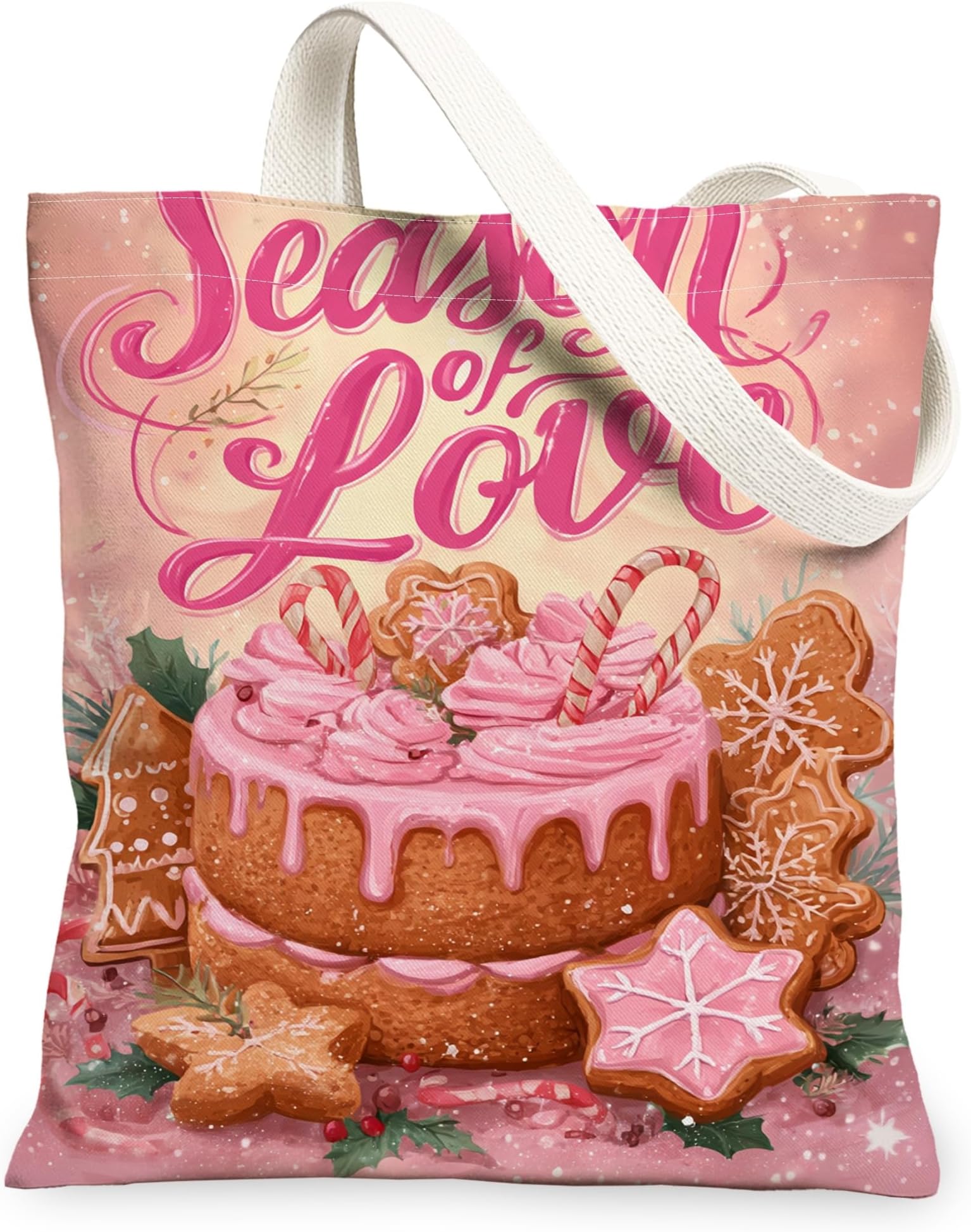 Seasonal Love Peach Canvas Tote Bags, Cake Pattern Reusable Grocery Bags, Vintage Lightweight Washable Shoulder Strap