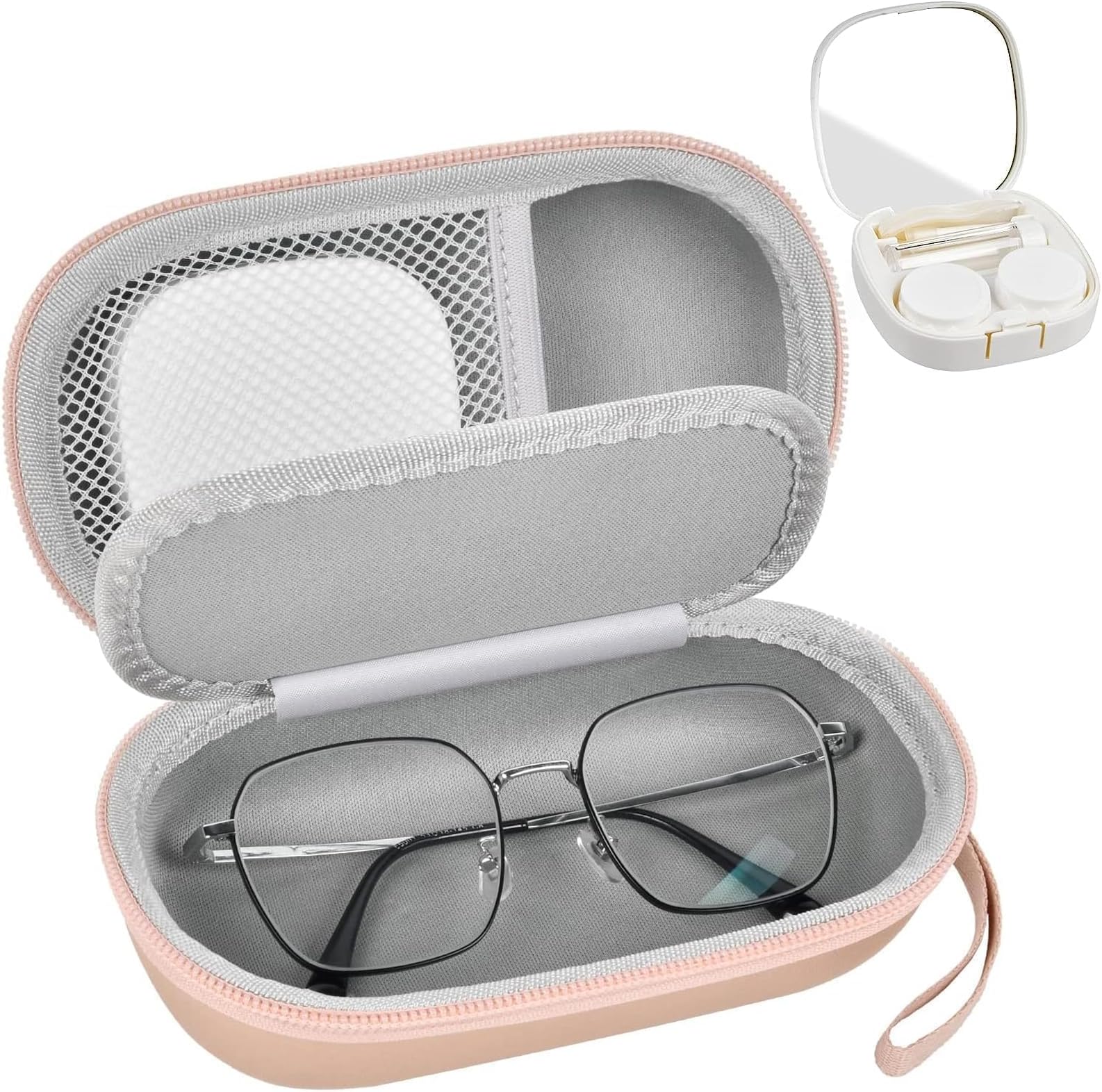 Portable 2 in 1 Contact Lens Case and Glasses Case, Traveling Contact Cases Bag Box Holder with Soak Storage Kit Included Built-in Mirror, Tweezer, Contact Lens Solution Bottle and Hand Strap-Gold