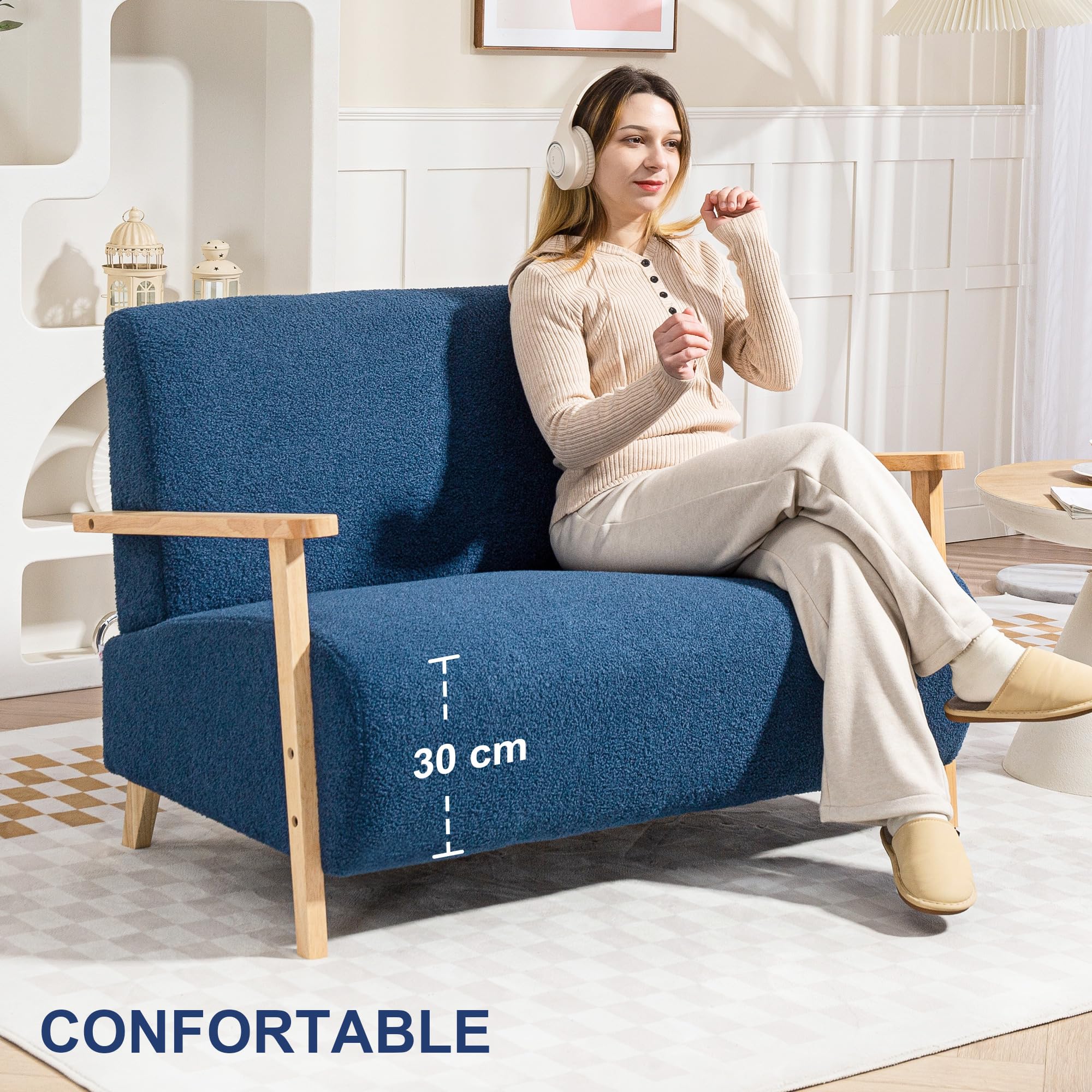 HOMCOM Sofá de 2 Plazas Tapizado en Borreguito Sofá de Salón de 118 cm con Acolchado Grueso Reposabrazos y Patas de Madera para Dormitorio Sala de Estar Azul Oscuro