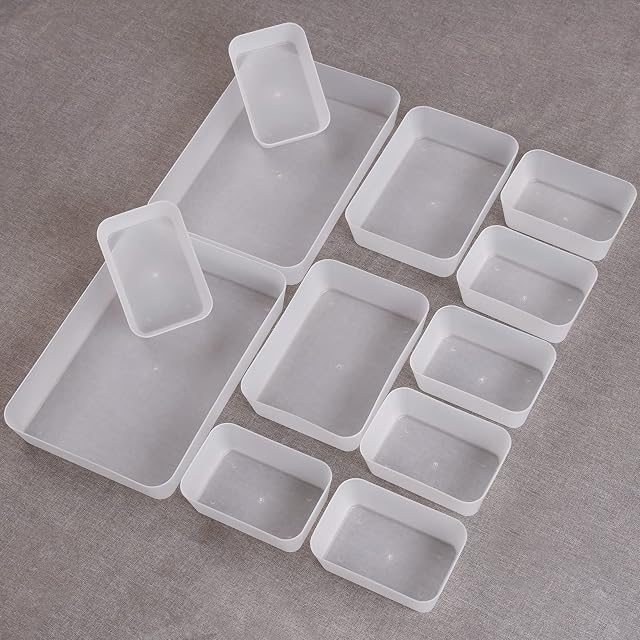 12Pcs Desk Drawer Organiser Tray, Makeup Drawer Organiser with 3-Size Plastic Drawer Organiser for Bathroom Bedroom Dresser Kitchen Office (White)