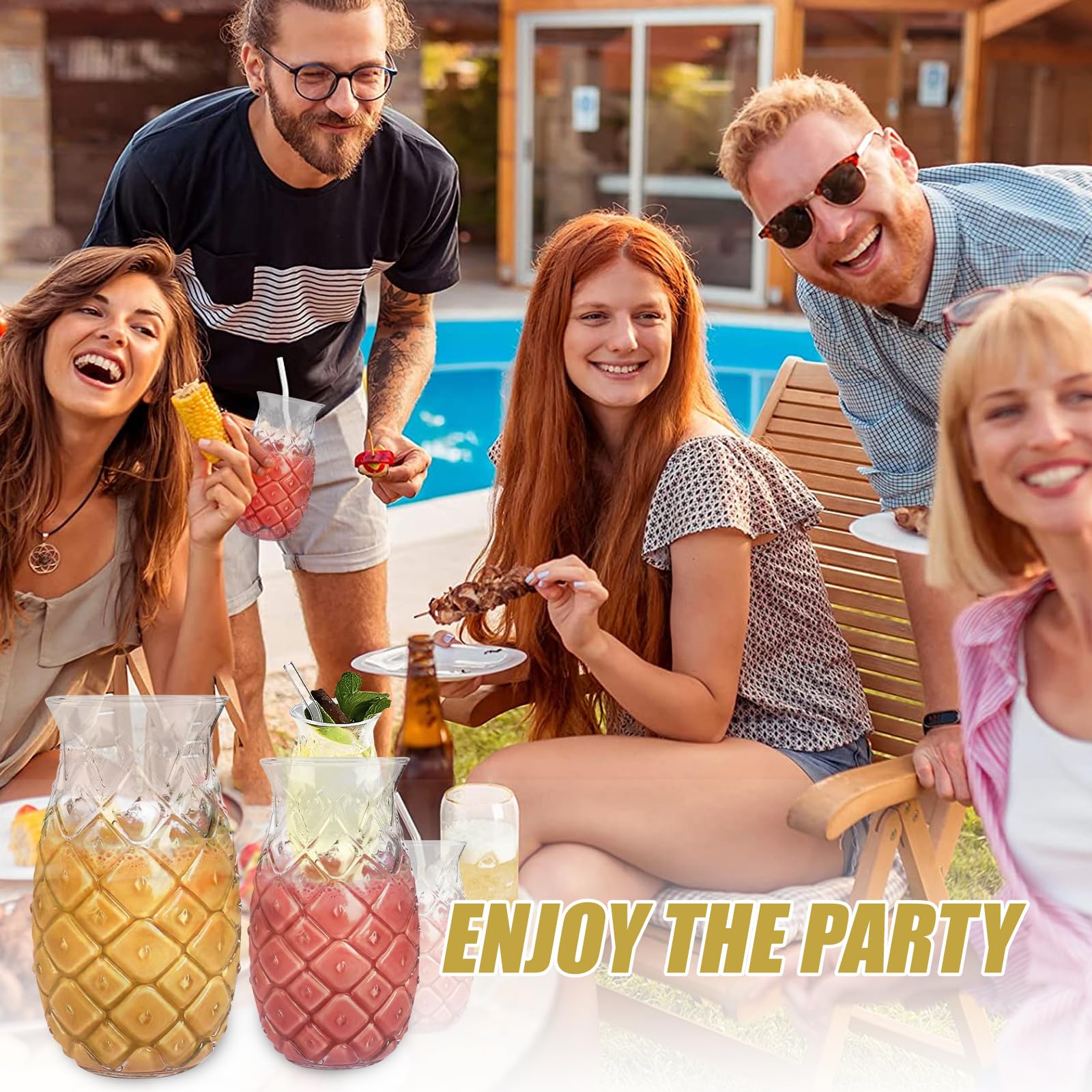 Set di 4 bicchieri di ananas: 400 ml, trasparenti da cocktail con rilievo di ananas, riutilizzabili, per feste, succhi di frutta, long drink, a forma di ananas, perfetti per casa, ristoranti e