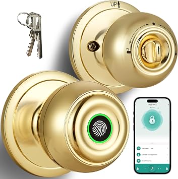 Smart Door Knob, Fingerprint Door Knob with Locks, Biometric Door Lock with App Control & Key, Keyless Entry Door Locks for Bedrooms, Front Door, Home, Apartment Office-Gold