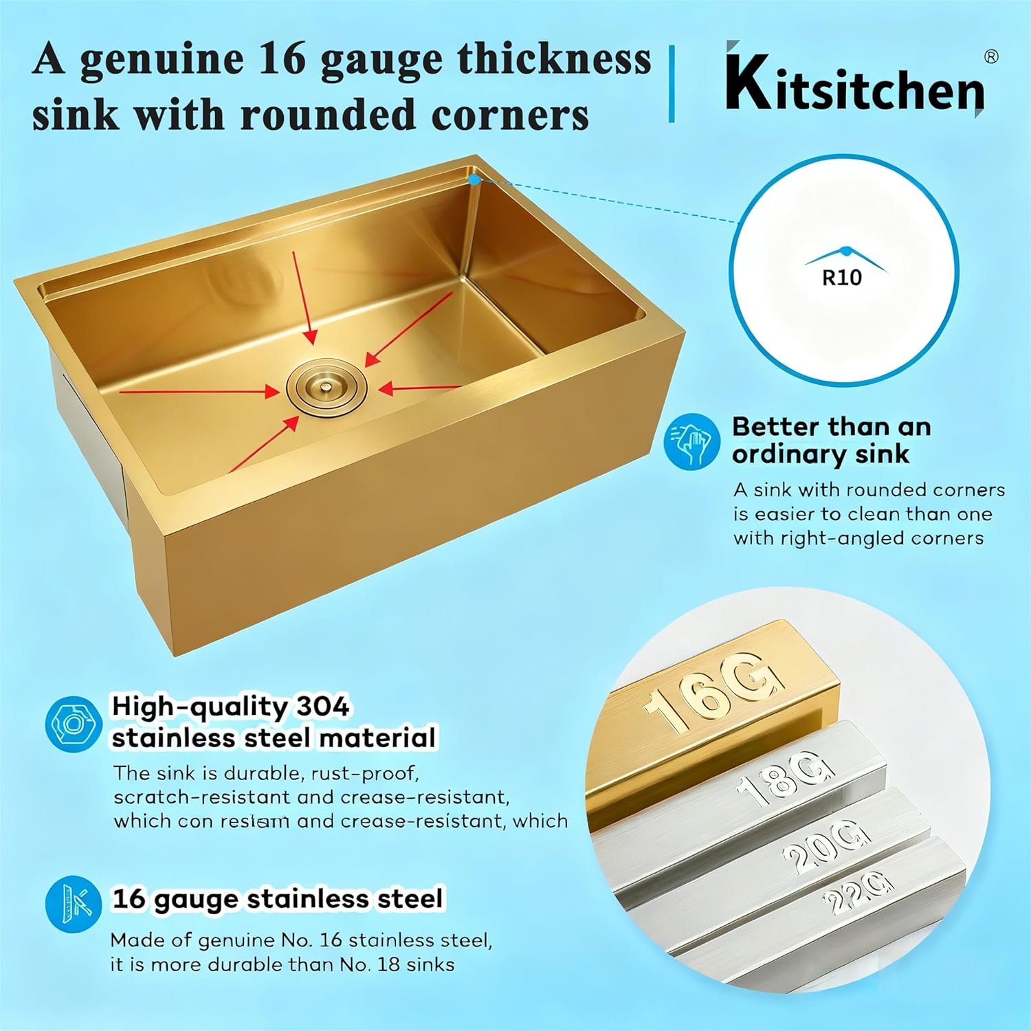 Kitsitchen 33 Inch Gold Farmhouse Sink,16 Gauge Single Bowl Workstation Stainless Steel Rustic Farmhouse Kitchen Sink,Large Apron Front Undermount Farm Kitchen Sinks with Accessories(33"x20"x10")