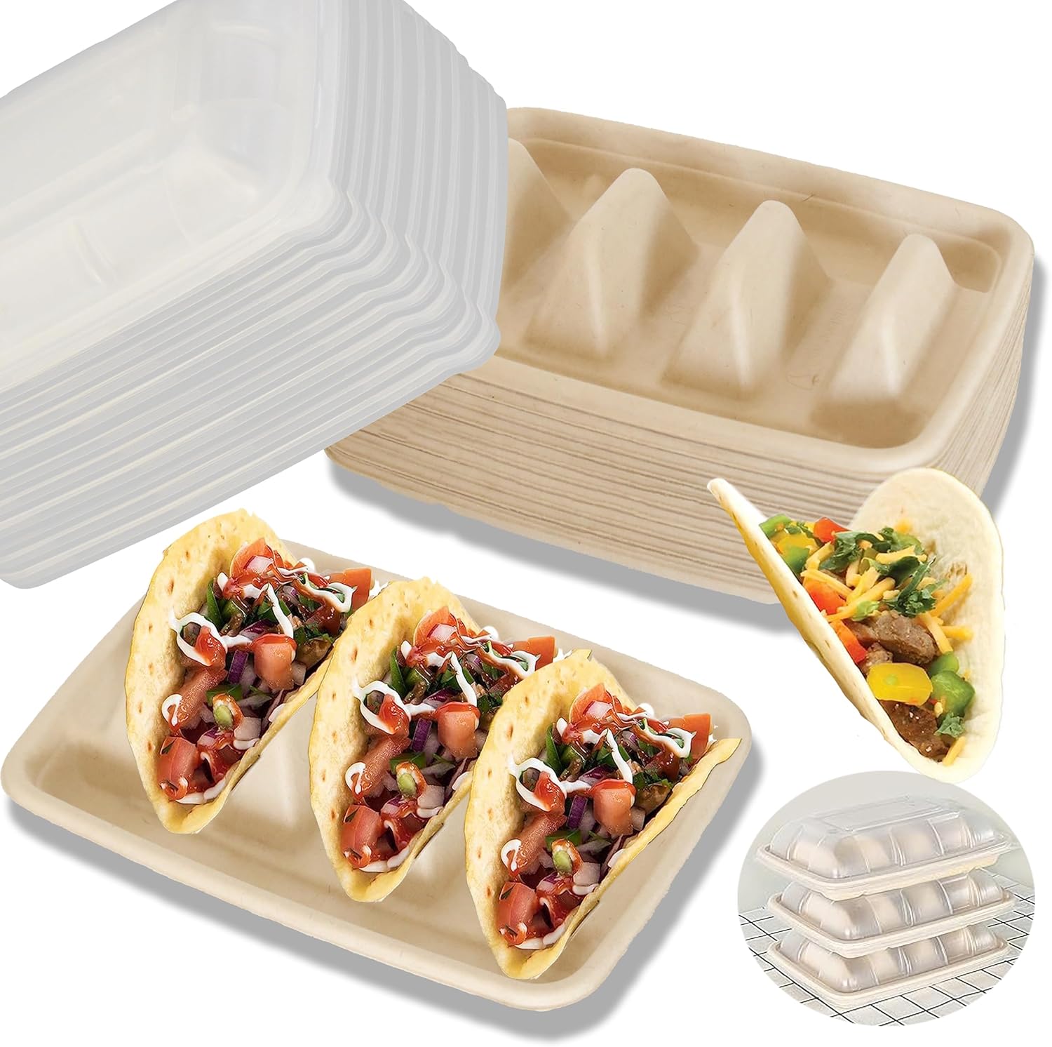 50 Pack Pulp Fiber Taco Holder, Taco Holders With 2 Dividers