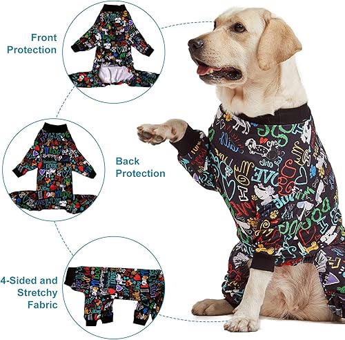 Miniatura 4 de LovinPet Pijama grande para perro, camisa para el cuidado de heridasdespués de la cirugía, protección UV, texto de Love My Dog en impresión negra,