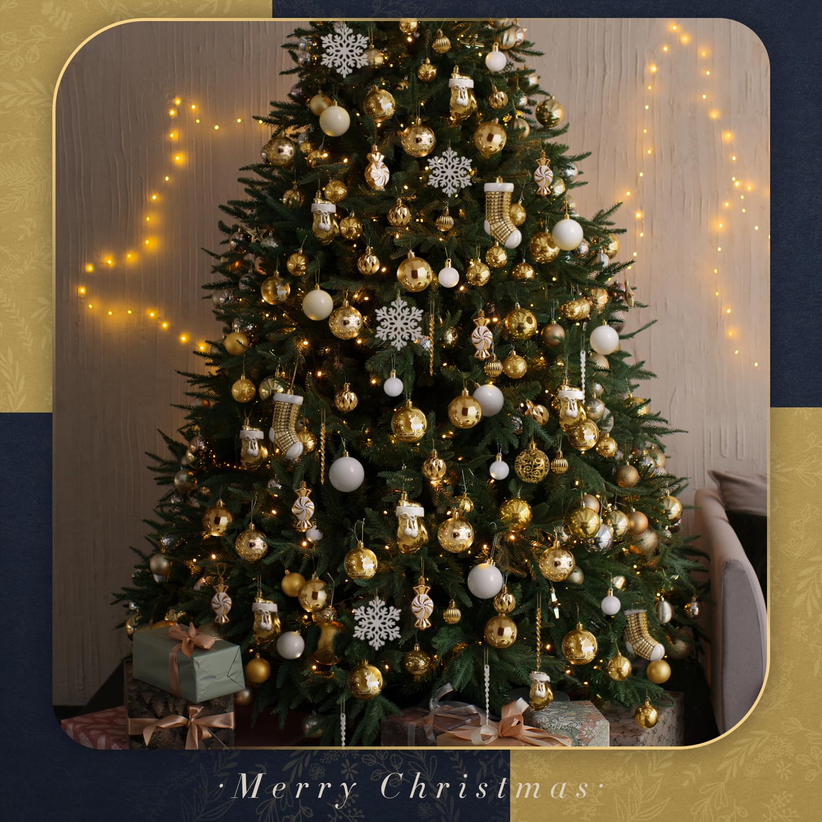 SOLEDI® 128er Set Premium Weihnachtskugeln Kunststoff Gold Weiß mit Baumspitze Stern - Robuste und Sichere Christbaumschmuck Set mit Aufhängen - Christbaumkugeln Bunt, Mehrweg Weihnachtsdeko