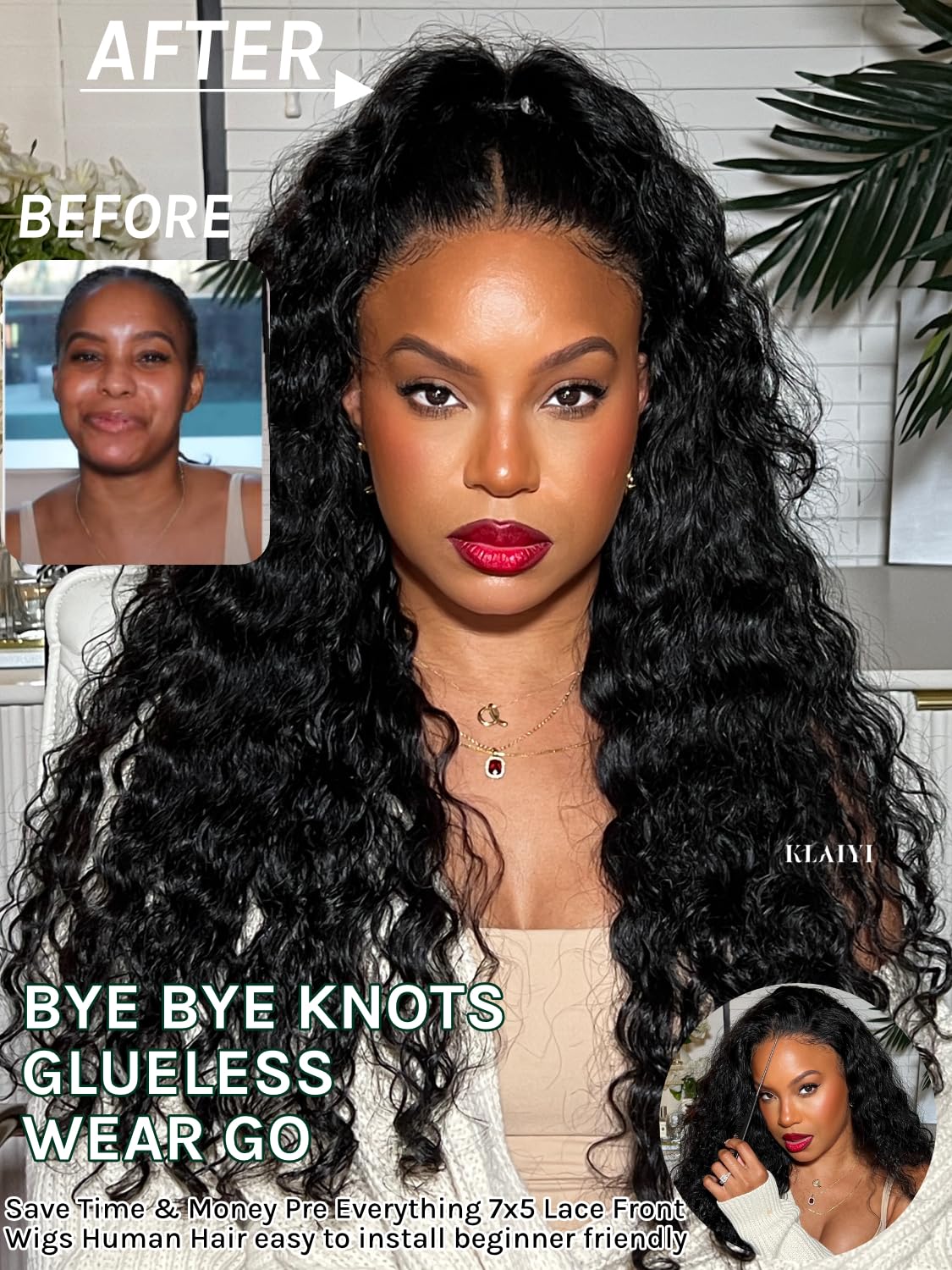 KLAIYI Bye Bye Slip™ Water Wave 7X5 Precut Lace Front Human Hair Wig Drawstring Glueless 3S Ready to Wear and Go Wig with Baby Hair Pre Plucked Bleached Bye Bye Knots Curly Wig 180%Density Full 18Inch