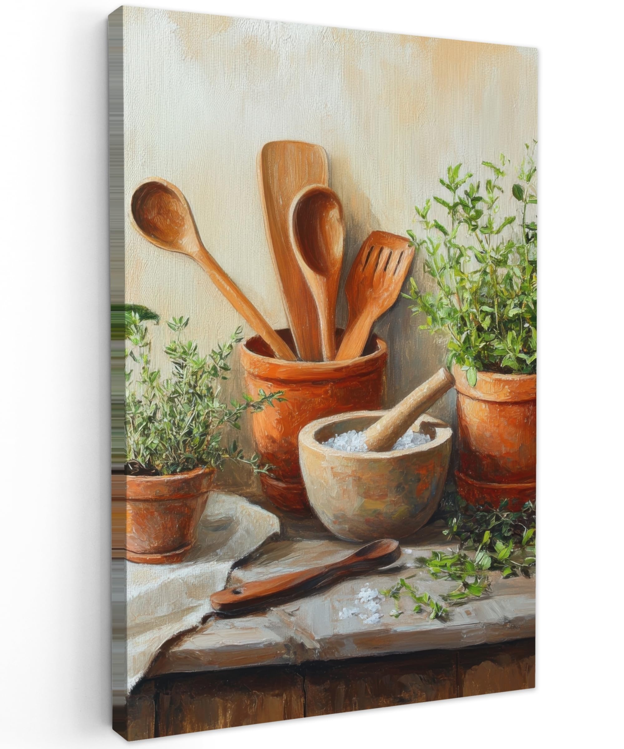 MuchoWow© Canvas Wall Art Work 8"x12" / 20x30 cm House Decoration for Living Room Home Decor Pictures Walls Pots - Herbs - Wood
