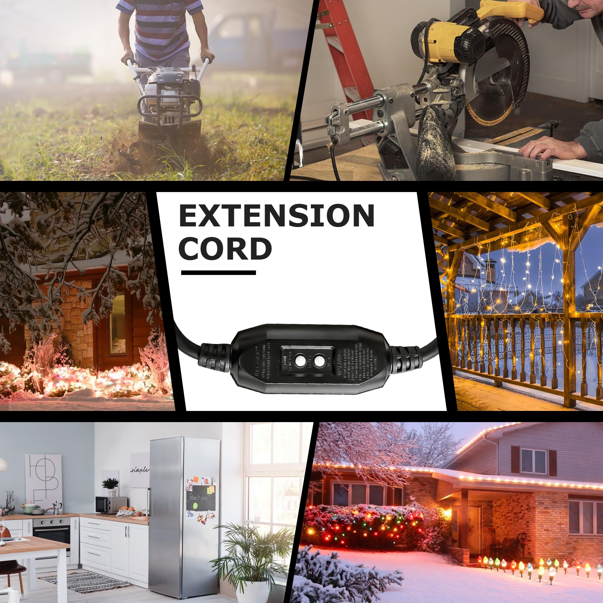 YOJOE - Cable de extensión GFCI negro de 3 pies, cable iluminado para exteriores de 12/3 con 3 tomas de corriente, cable de extensión SJTW de calibre 12 de 3 puntas con enchufe de tierra de 3 puntas