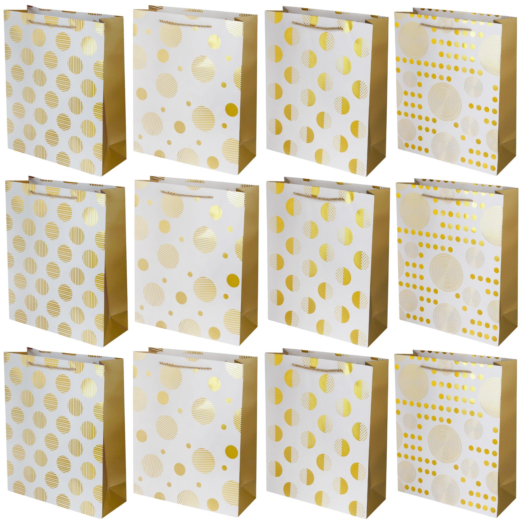 Gift Bags Medium with Handles 12 Pack - Thick Glossy Paper, Golden Rope Handles, Strong Premium Gift Bags - 32x26x12cms