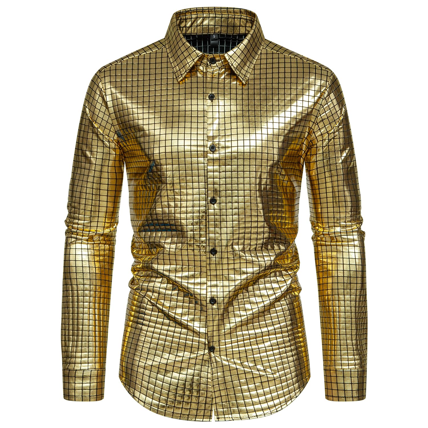 NewL Camisa de manga larga a cuadros metálicos para hombre, color negro, formal, para bodas, actuaciones, noche