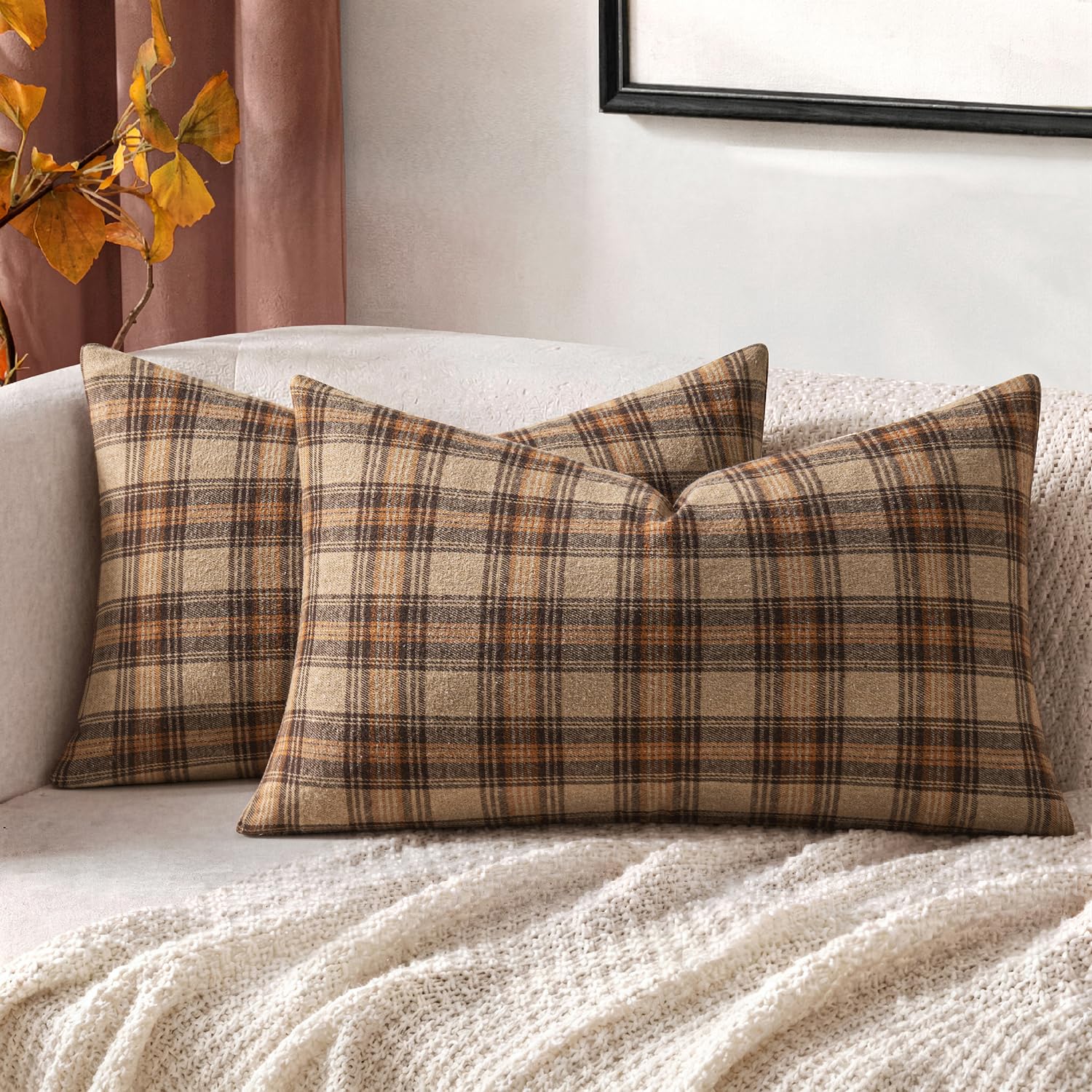 MIULEE Fall Plaid Pillow Covers Scottish Tartan 12x20 Camel Brown | Set of 2 Fall Decorations Lumbar Cushion Covers, Farmhouse Winter Home Decor, for Thanksgiving Sofa Couch Bed Living Room