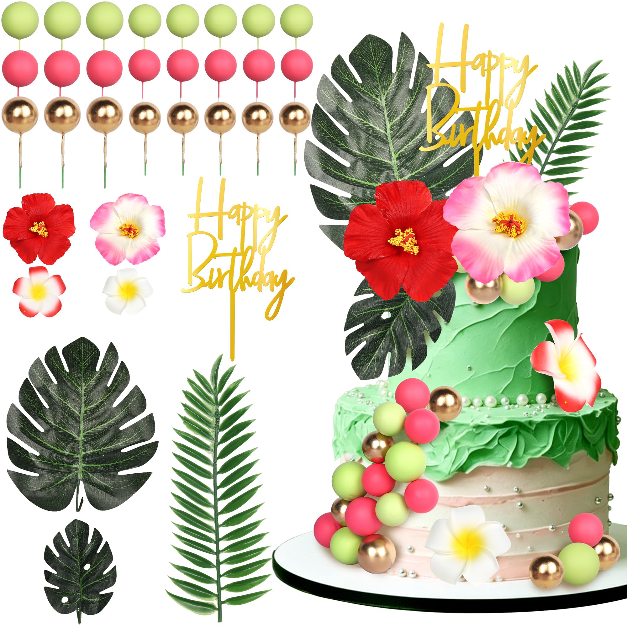 Xsstarmi Summer Hawaiian Flowers Cake Decorations with Acrylic Happy Birthday Palm Leaves Red Hibiscus Floral Cake Picks for Aloha Tropical Theme Birthday Wedding Party Cake Decorations