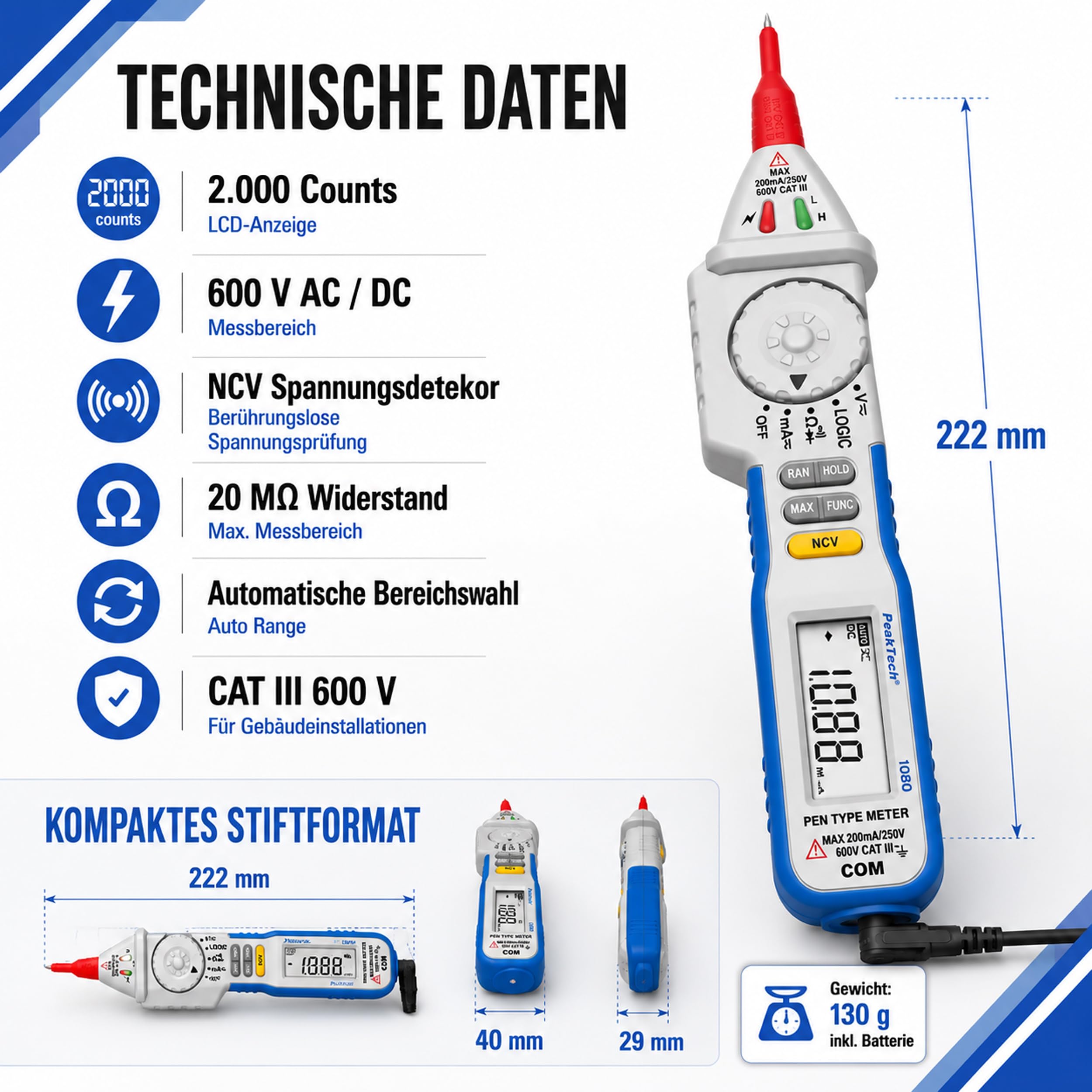 PeakTech P 1080 - Cyfrowy Multimetr piórkowy ~ 2.000 zliczeń ~ 600V AC/DC ~ z NCV
