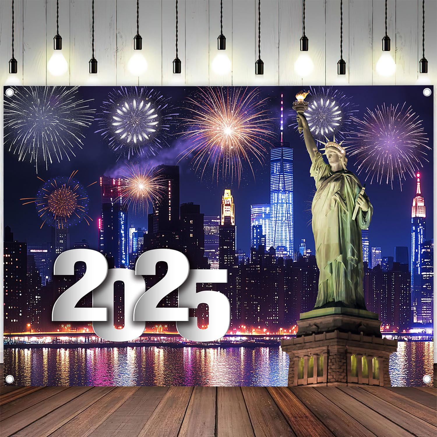 2025 Happy New Year Backdrop, New York Firework Eve NYC Landscape, 7 x 5 ft Celebration Party Banner