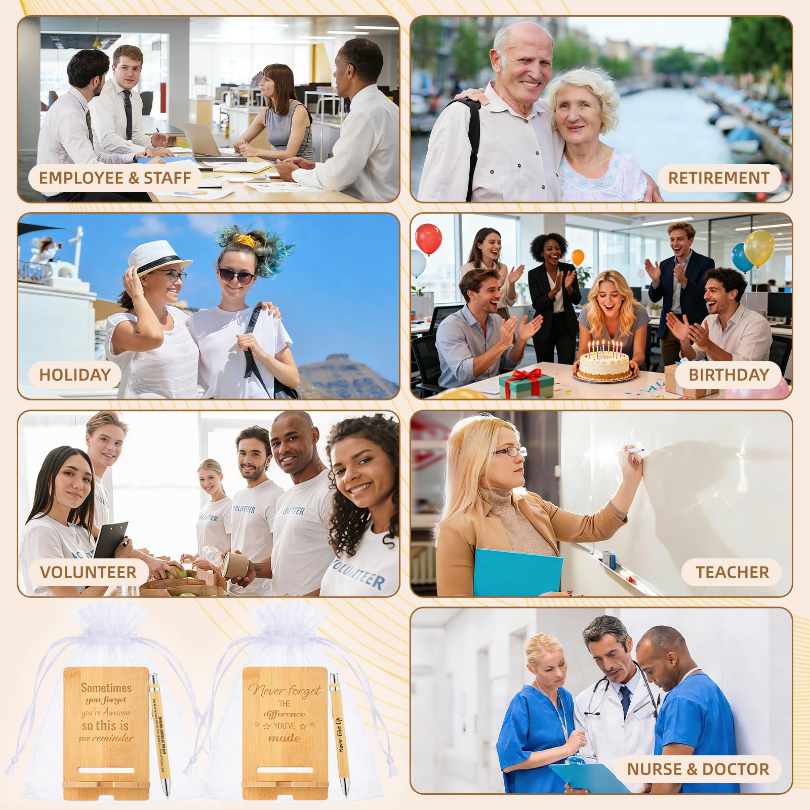 30 Pcs Employee Appreciation Gifts Bulk, 10 Wooden Phone Stands, 10 Motivational Pens with White Organza Bags, Thank You Gifts for Coworkers, Staff, Team, Volunteers, Nurses, Teachers, Office Desk