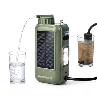 Swonder Portable Electric Water Filter 0.01 Micron Camping Water Purifier with Solar & 5200mAh Battery, 4-Stage Filtration System for Hiking, Emergency, Survival