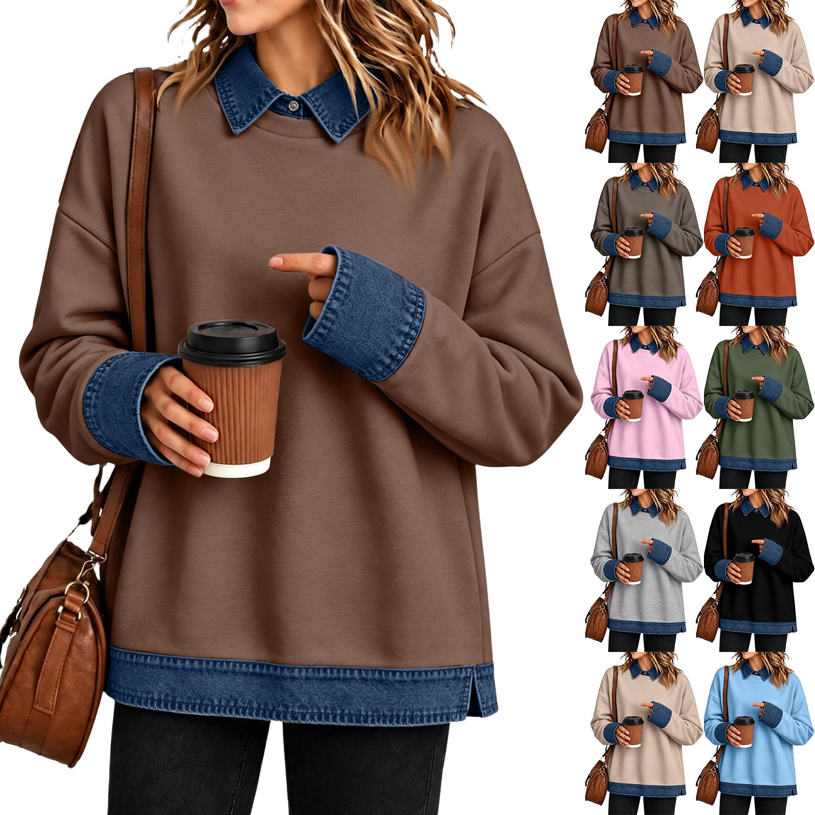 Long Sleeve Tee Shirts for Women Jeans Patchwork