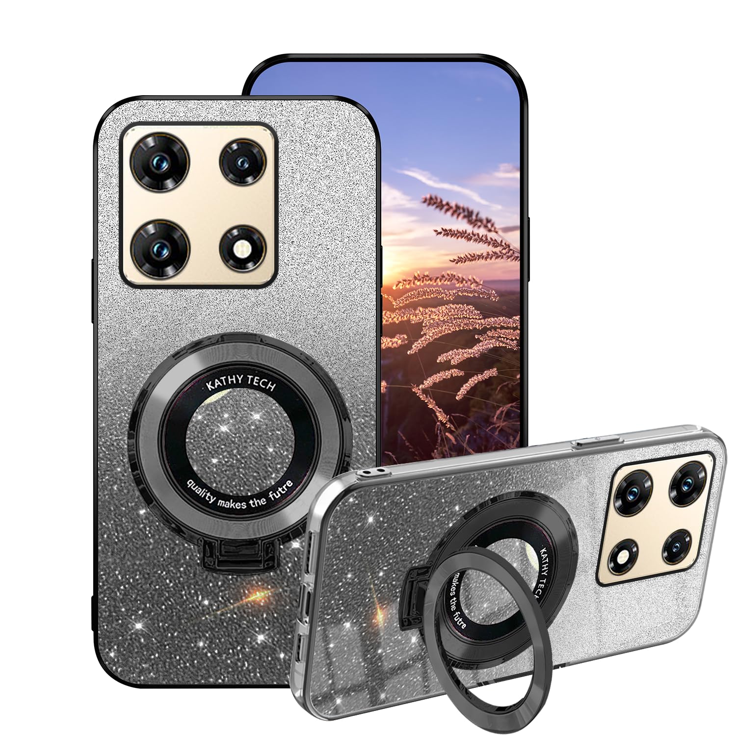 Case for Infinix Note 40 Pro 4G Cases Silicone with Ring, for Infinix Note 40 Pro 4G Phone Case Glitter Transparent Double Layer Detachable Soft TPU Shockproof Protective Luxury Slim Cover (Black)