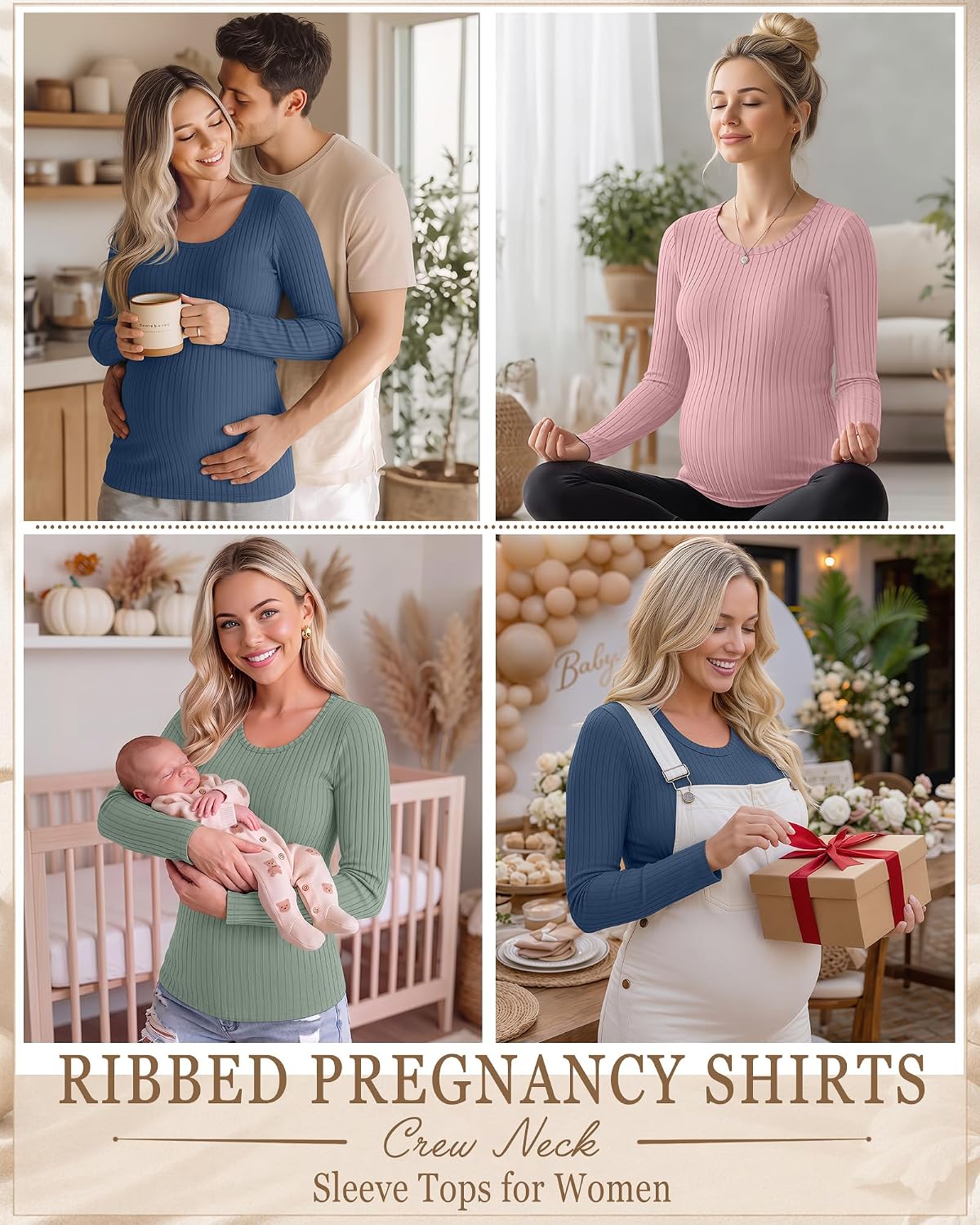 3 Pack Women's Ribbed Maternity Long Sleeve Shirts