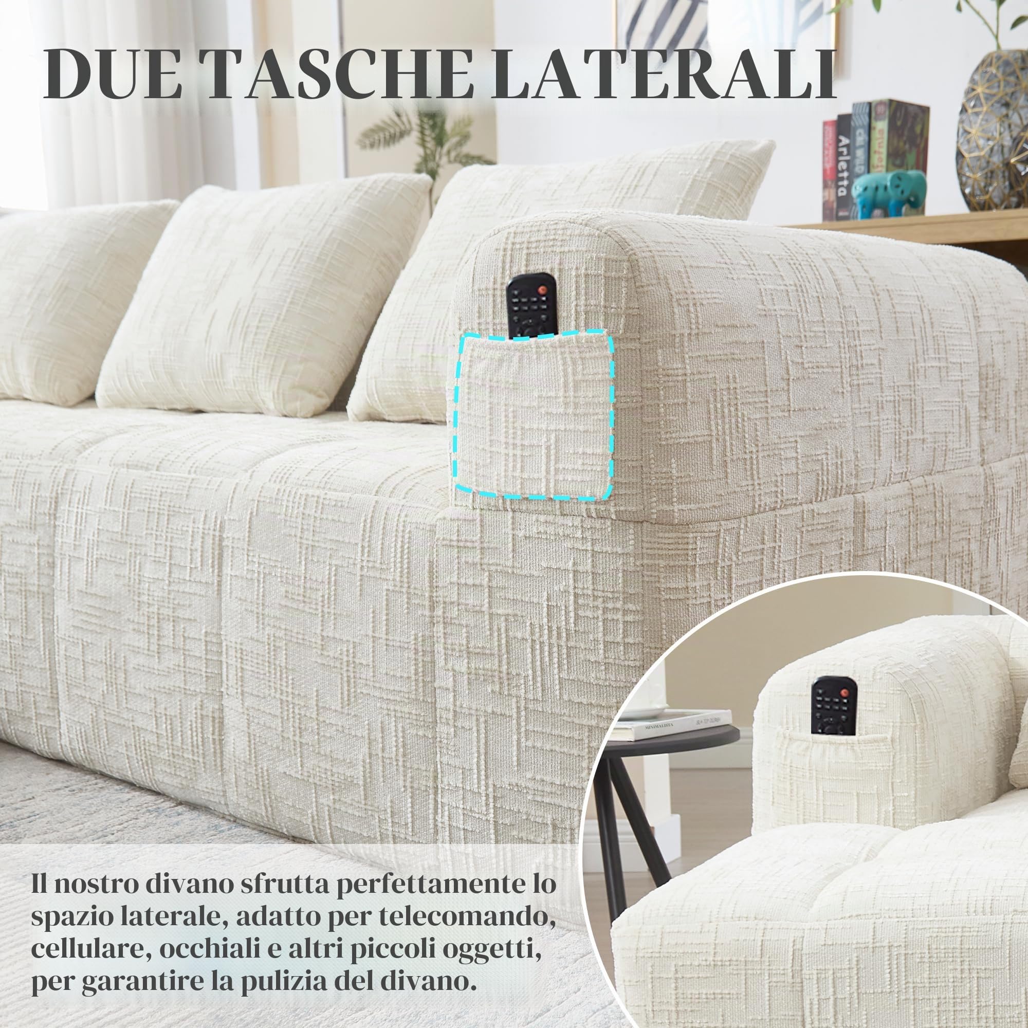 Divano moderno componibile, divano a L, divano a 3 posti con chaise longue e braccioli, 3 cuscini, tasca laterale per telecomando, divani in ciniglia, Beige