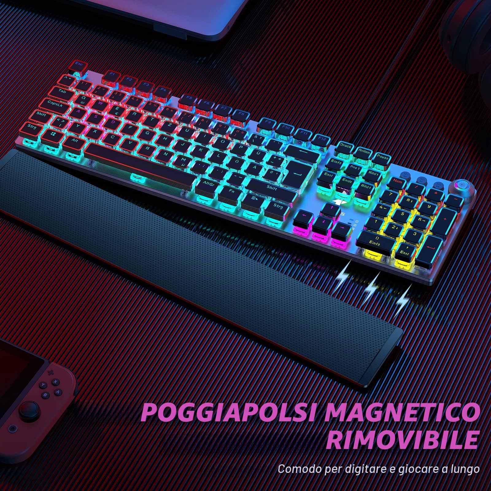 TECURS Tastiera meccanica da gioco con poggiapolsi magnetico e interruttori rossi, tastiera illuminata QWERTZ cablata, 105 tasti con anti-ghosting e manopola multimediale per PC/PS5/PS4