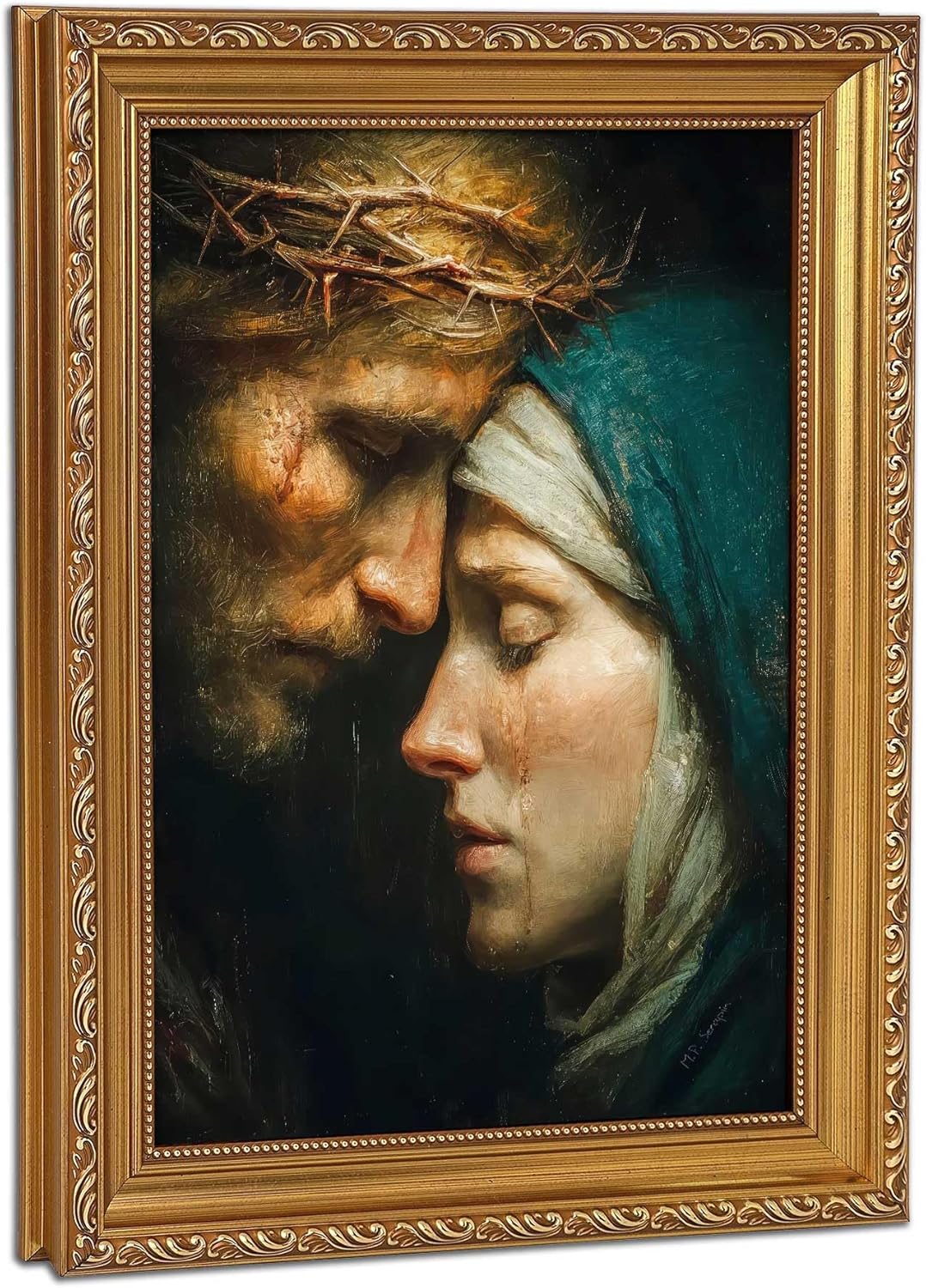 Vintage Gold Framed Virgin Mary Wall Art Jesus Embrace Mary Wall Decor Lady of Guadalupe Portrait Picture Blessed Mother Catholic Canvas Prints Religious Painting Poster Artwork for Prayer Room Church