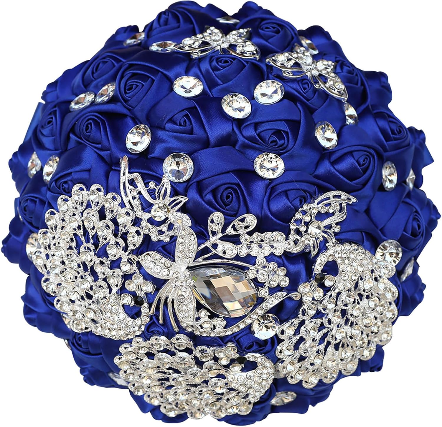 Wedding Bouquet Royal Blue Satin Flower 7 Inch Bridal Holding Bridesmaid Button Brooch Silk Rose Bouquet for Indoor Outdoor Garden Church Wedding Bridal Shower Quinceanera (#295 Royal Blue)