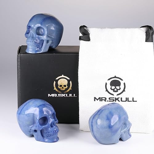 Miniatura 8 de Estatua de calavera de cristal de aventurina azul natural de 2.0 pulgadas, escultura artística de piedras preciosas talladas a mano, calavera de