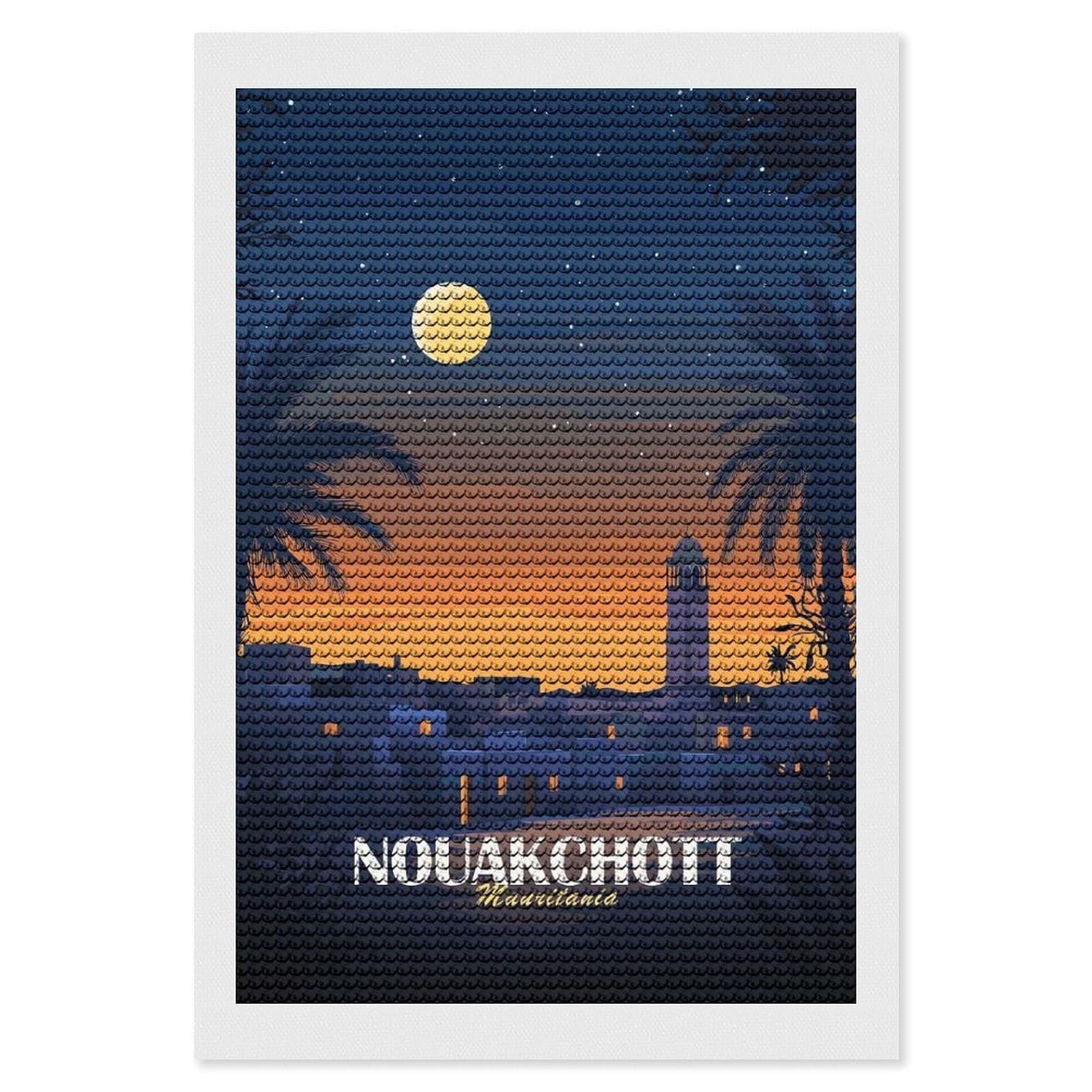 Junmoney Nouakchott Cityscape at Dusk Diamond Art Canvas 8"x12", for Adults, Good for Quiet Evenings, Bedroom Decor, Festive Craft Gift, Easy to Enjoy