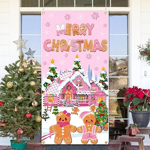 Miniatura 5 de Cubierta de puerta de Navidad de pan de jengibre, suministros de Feliz Navidad, casa de jengibre, telón de fondo para puerta delantera, pancarta