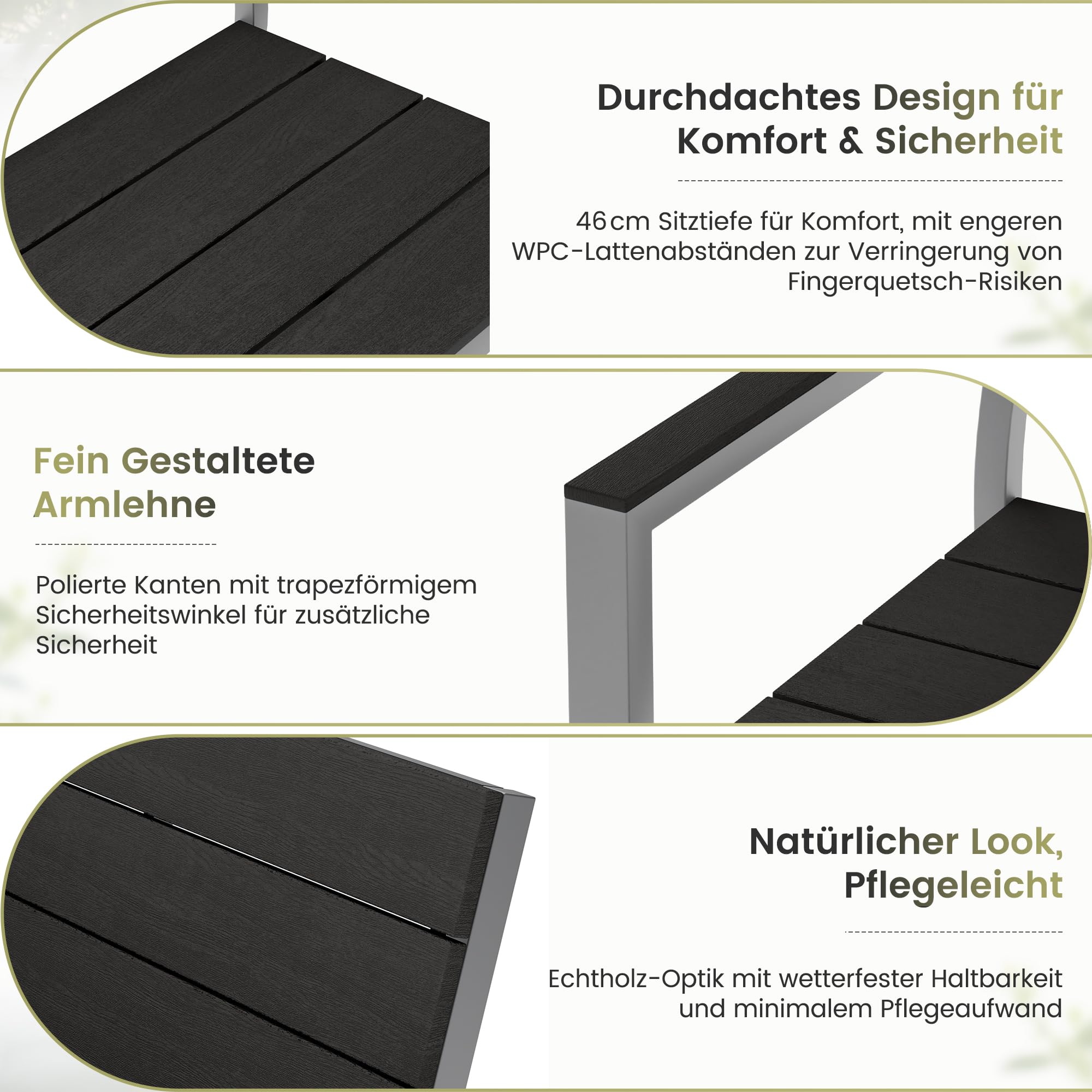 UDPATIO Gartenbank Wetterfeste in Holzoptik, Metall Sitzbank Outdoor für Balkon & Garten, Parkbank 2–3 Sitzer,Stabile Balkonbank mit Rücken & Armlehnen, Hellgrau