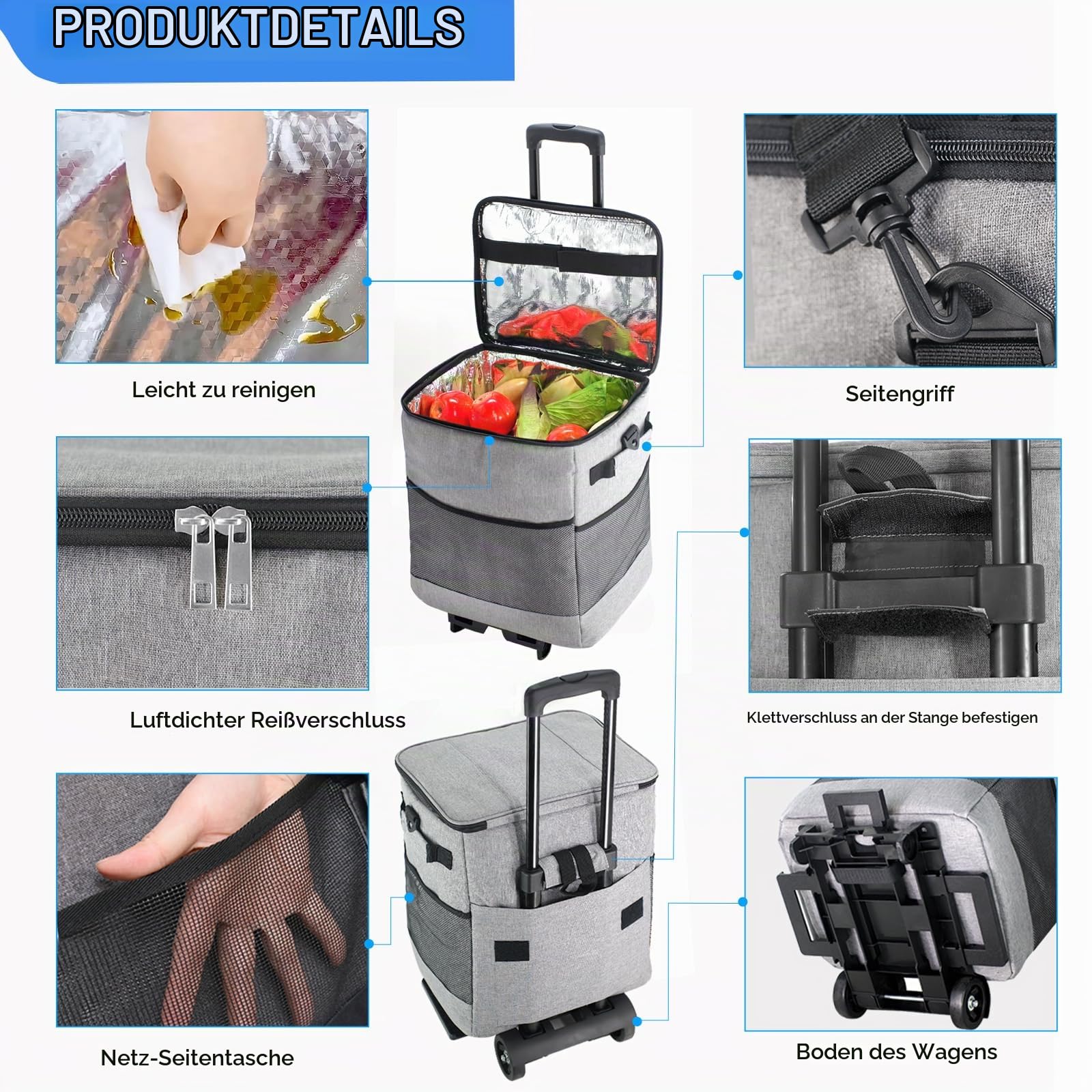 ZHJINGYU Kühlbox mit Rollen mit Picknicktasche & Kühltasche groß - 40L Kühlbox Faltbar mit Räder | bis zu 20h Kühldauer für Picknick Camping Strand BBQ | Großer Kühlwagen für 60 Dosen mit verstellbaren Rädern, tragbare Thermotasche für Reisen, Strand, Cam
