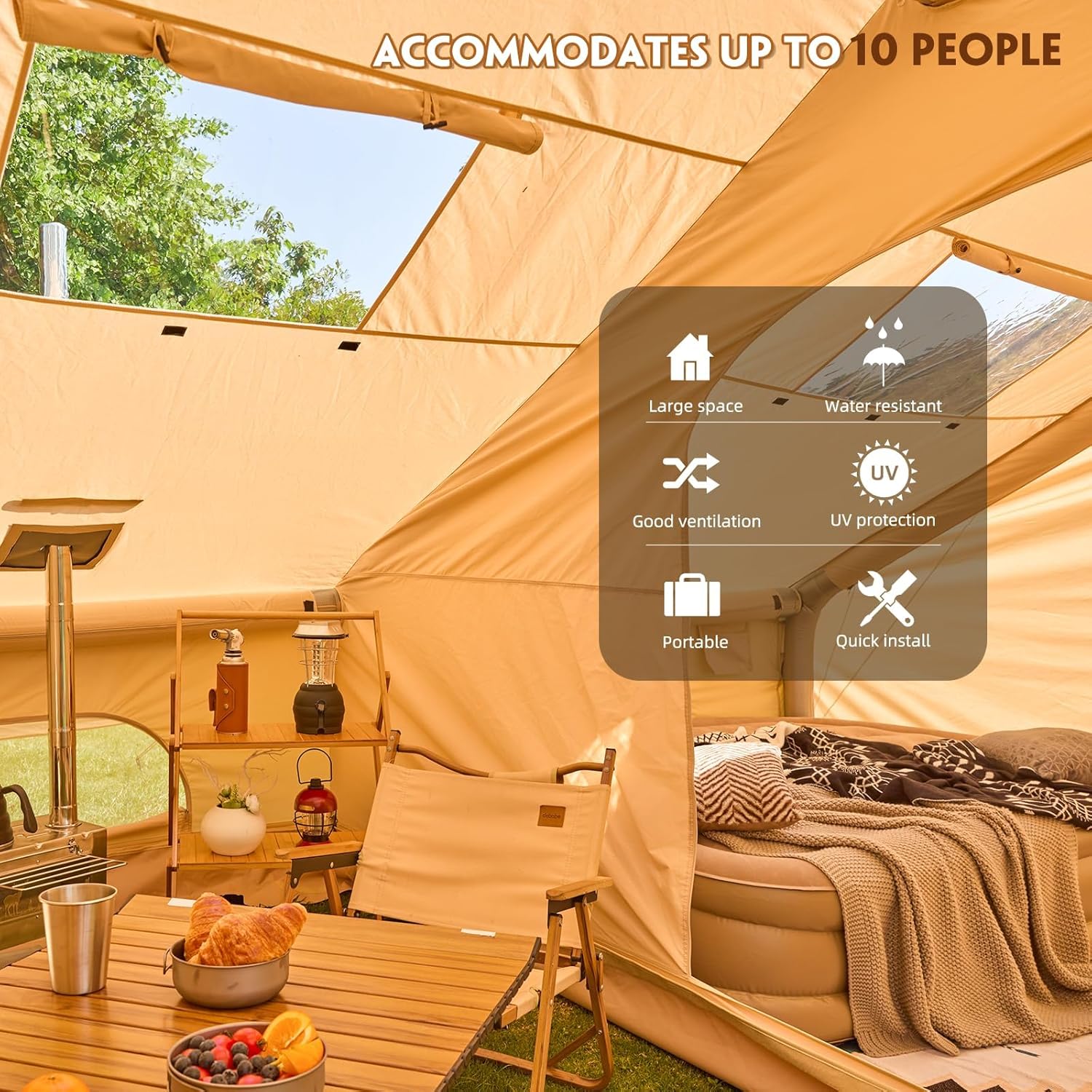EROMMY Inflatable Tents for Camping 8-10 Person, 4 Season Oxford Blow Up Tent, Easy Setup Glamping Tents with Extended Canopy, Mesh & Chimney Window
