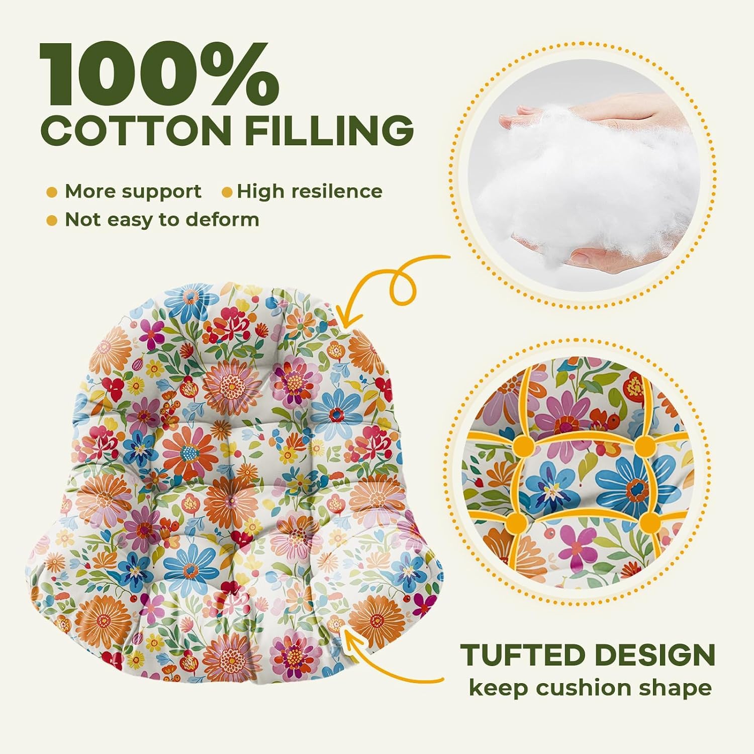 Waterproof Egg Chair Cushion Replacement Outdoor Hanging Egg Chair Cushion 47x35x7 Inches Thicken Couch Cushions with Ties, Colored Daisy