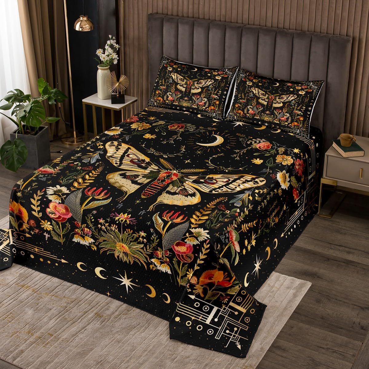 Castle Fairy Gothic Starry Galaxy Moon Quilt Coverlet Set Trippy Plants Flower Super Soft Bedspread,Queen Size,Butterfly Comforter Set Coverlet for Boys Girls Adults