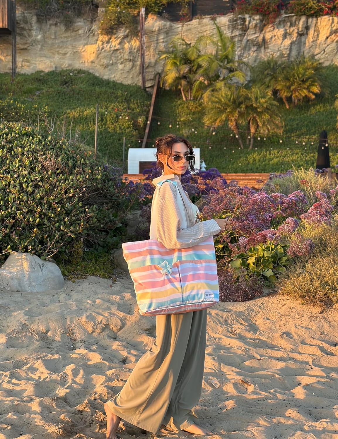 G4Free Beach Bags for Women Sandproof Foldable Beach Bag Tote with Waterproof Compartment Pool Travel