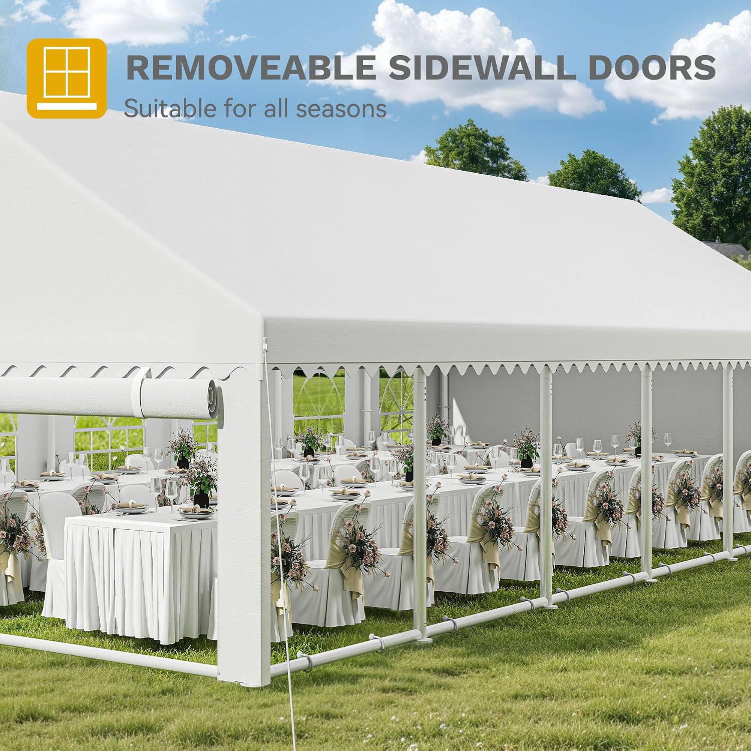 Exterior view of the tent showing removable sidewall doors, suitable for all seasons.