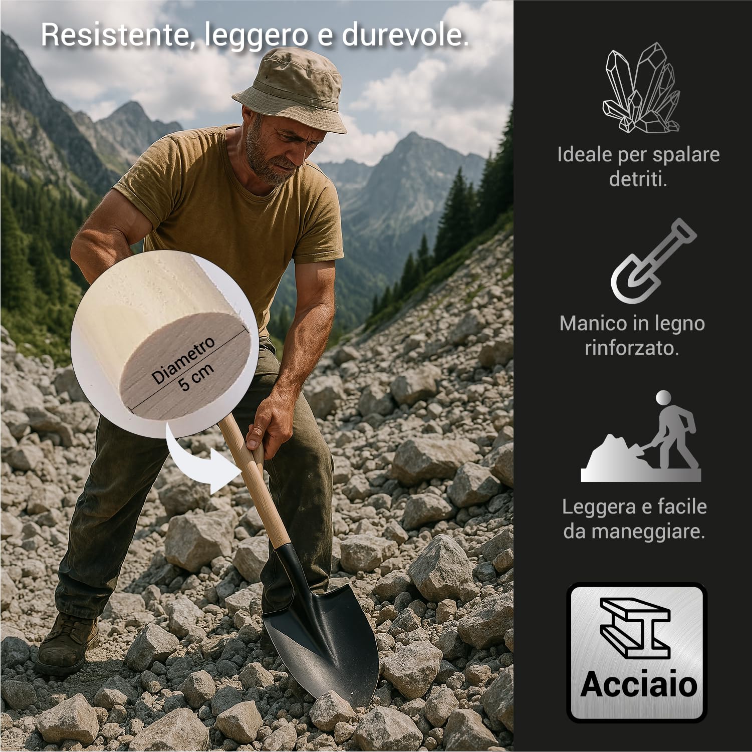 Crisalide® Set d'outils Pelle et Picone – Pelle en acier renforcé 40 x 29 cm avec poignée hêtre 135 cm + pic 47 cm en acier trempé – outils de creusement résistants pour sols durs et rocheux.