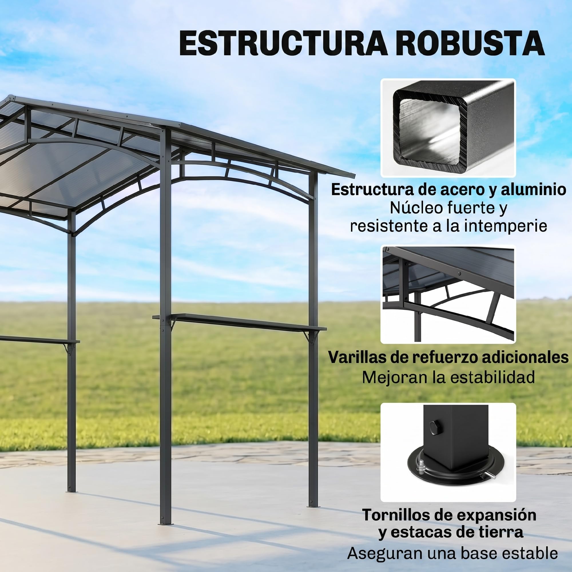 Outsunny Pérgola de Barbacoa 246x149x230 cm de Aluminio Gazebo Cenador con 2 Estantes para Jardín Patio Terraza Fiestas Protección Solar Negro