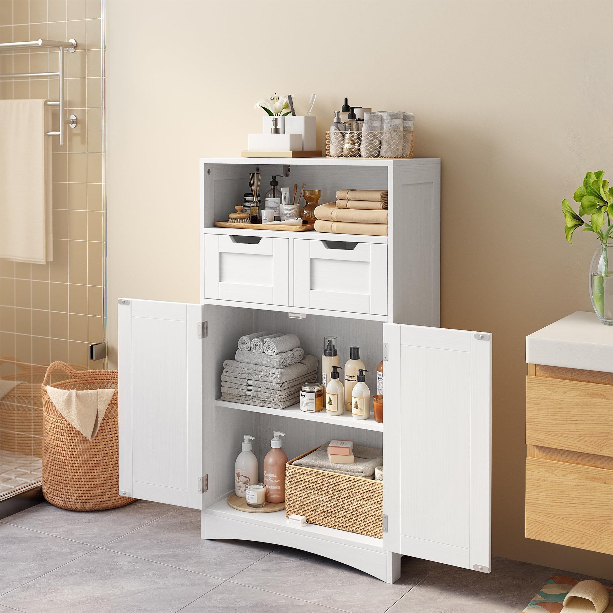 Bealife Badezimmerschrank mit 2 Schubladen, verstellbares Regal, multifunktional, für Badezimmer, Schlafzimmer, Flur (weiß, 60 x 30 x 108 cm) (weiß)