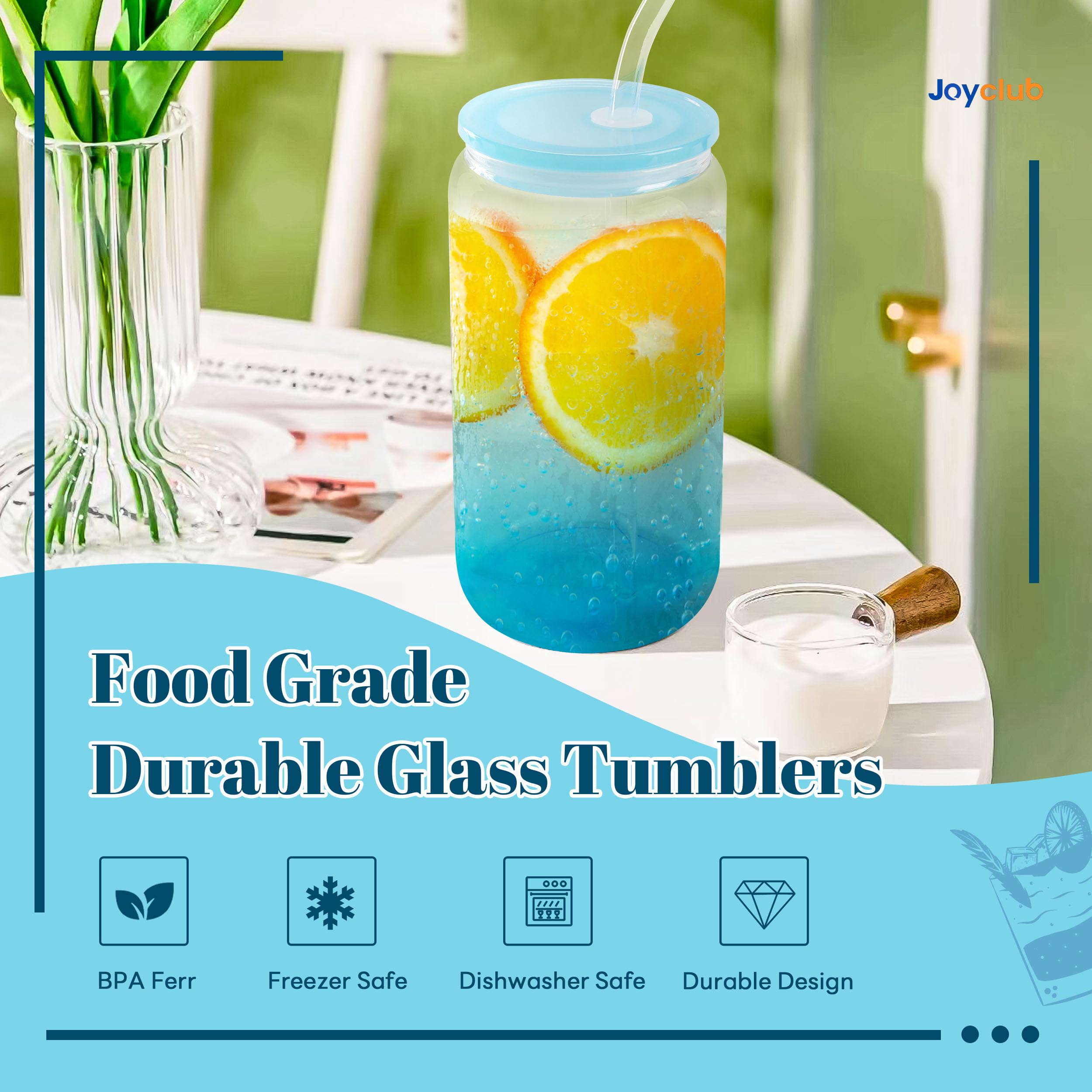 Joyclub Juego de 8 vasos de vidrio de 473 ml con tapas acrílicas y popotes, 8 tazas de café helado con forma de lata, vasos degradados, bonitos vasos ideales para batidos, refrescos, té, cóctel,