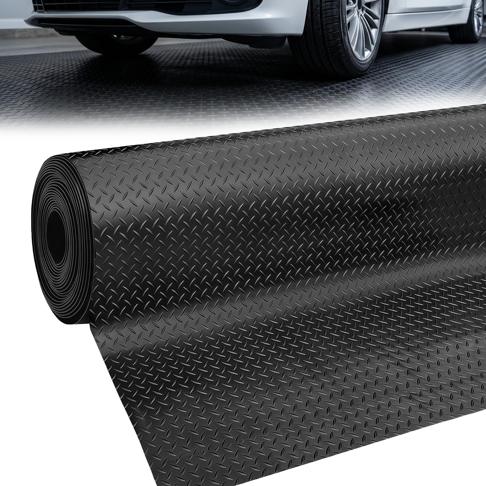 8x20 ft garage floor mat, 2.8mm thickened pvc rubber garage flooring roll, non-slip floor protector mat, heavy duty diamond plate garage floor protector for garage, rv trailer, basement, black