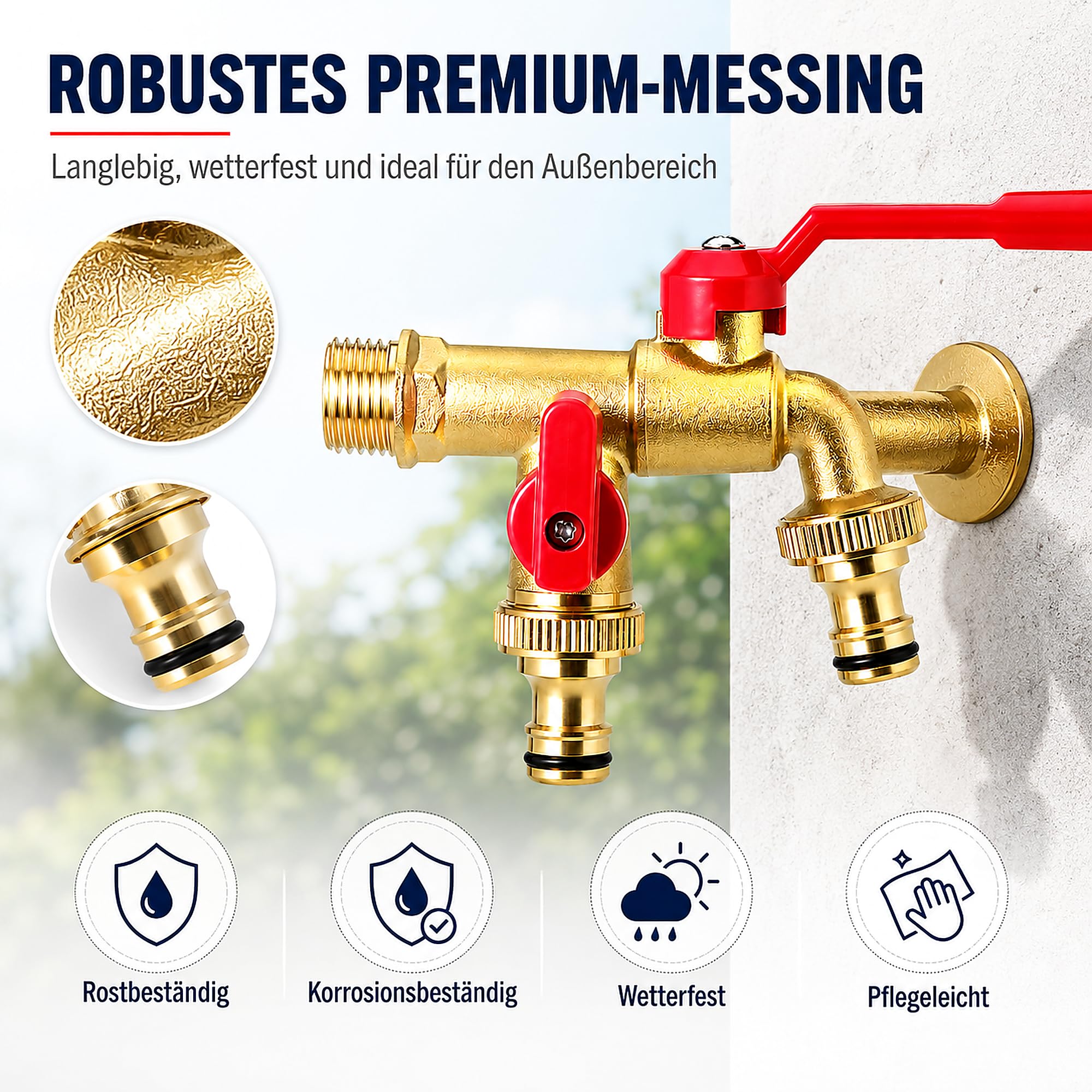Double robinet extérieur résistant au gel 1/2" - Robinet de jardin en laiton avec 2 sorties de 3/4" - Double vanne de sortie pour tuyau d'arrosage, réservoir de pluie et machine à laver